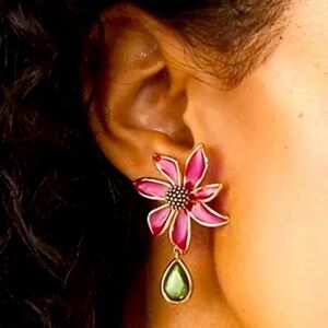 Kate Spade Elegant Pink Flower Earrings with Green Teardrop